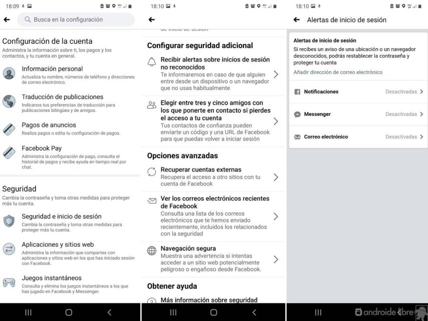 Facevook alertas de inicio de sesion