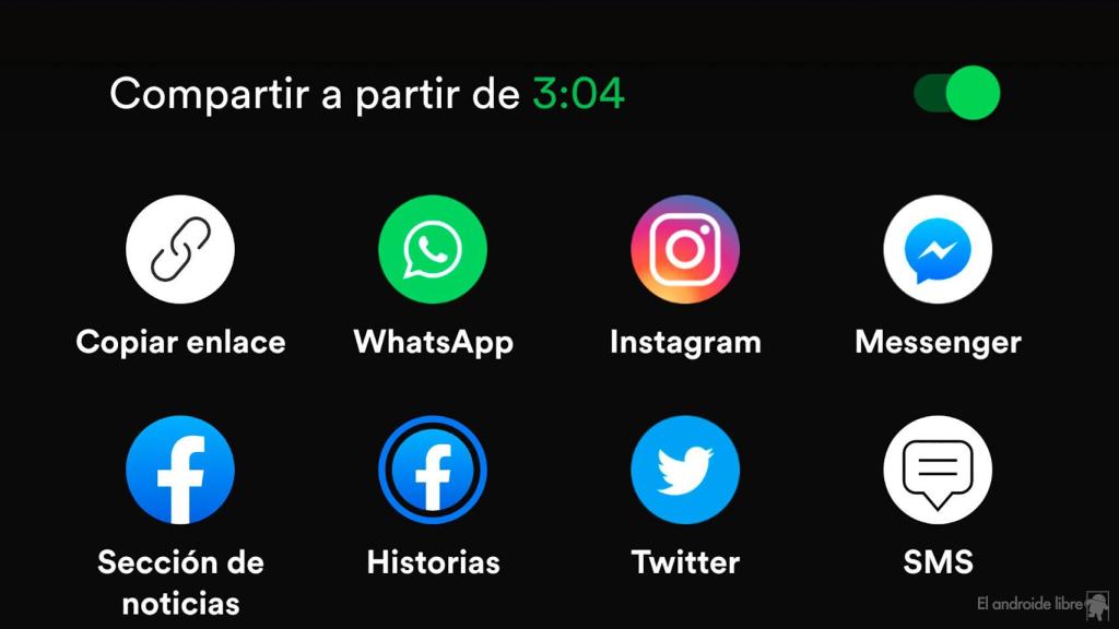 Ventana de compartir en Spotify con marca de tiempo activa