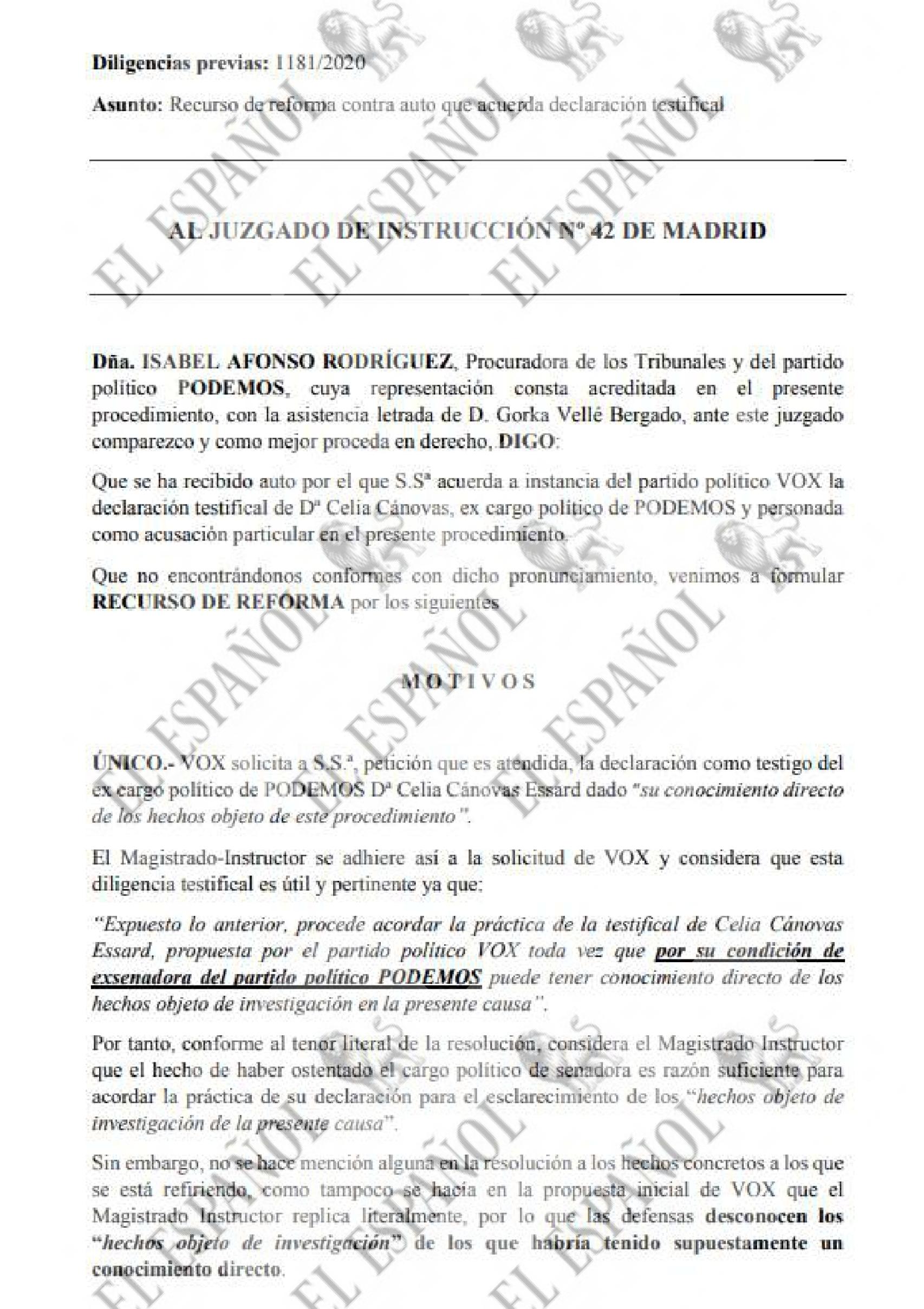 Recurso de Podemos contra la declaración de Celia Cánovas.