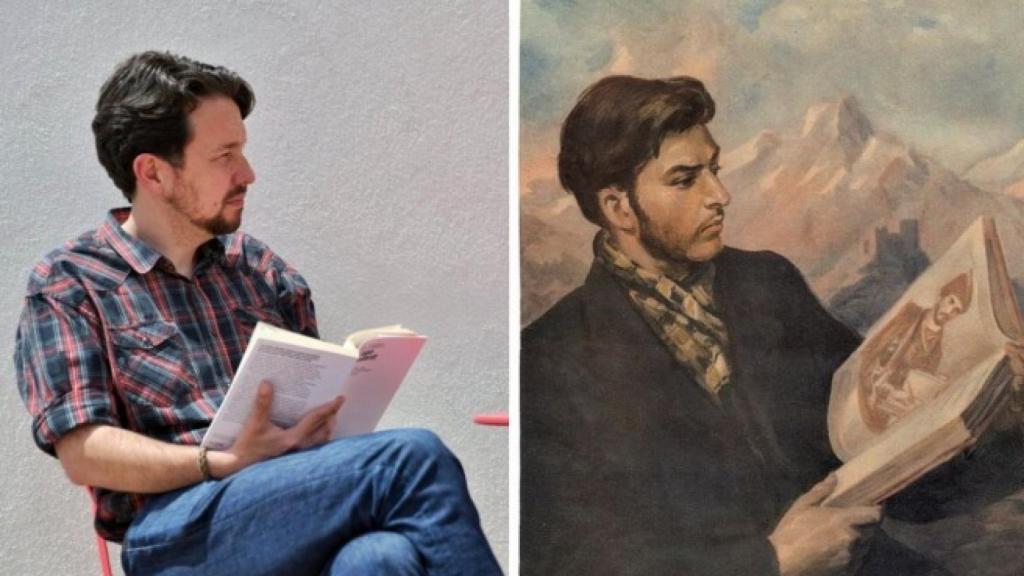 A un lado, Pablo Iglesias sin coleta, fotografiado por Dani Gago. Al otro, un retrato de Stalin de joven, por Iraklij Toidze.