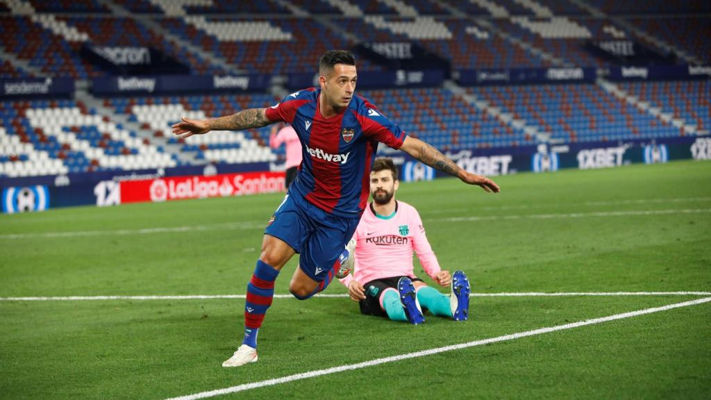 Sergio León celebra su gol contra el Barcelona