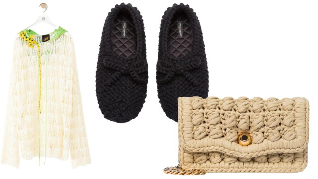 Sudadera de Loewe, bailarinas de Dolce&Gabbana y bolso de Bottega Veneta, todo realizado en croché.