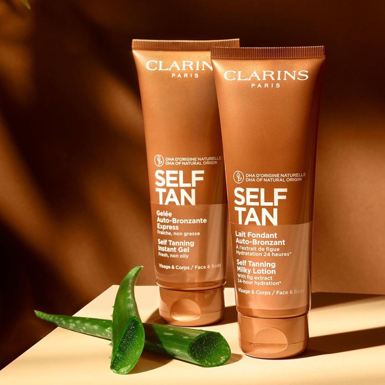 La leche y el gel de Clarins para obtener una piel bronceada.