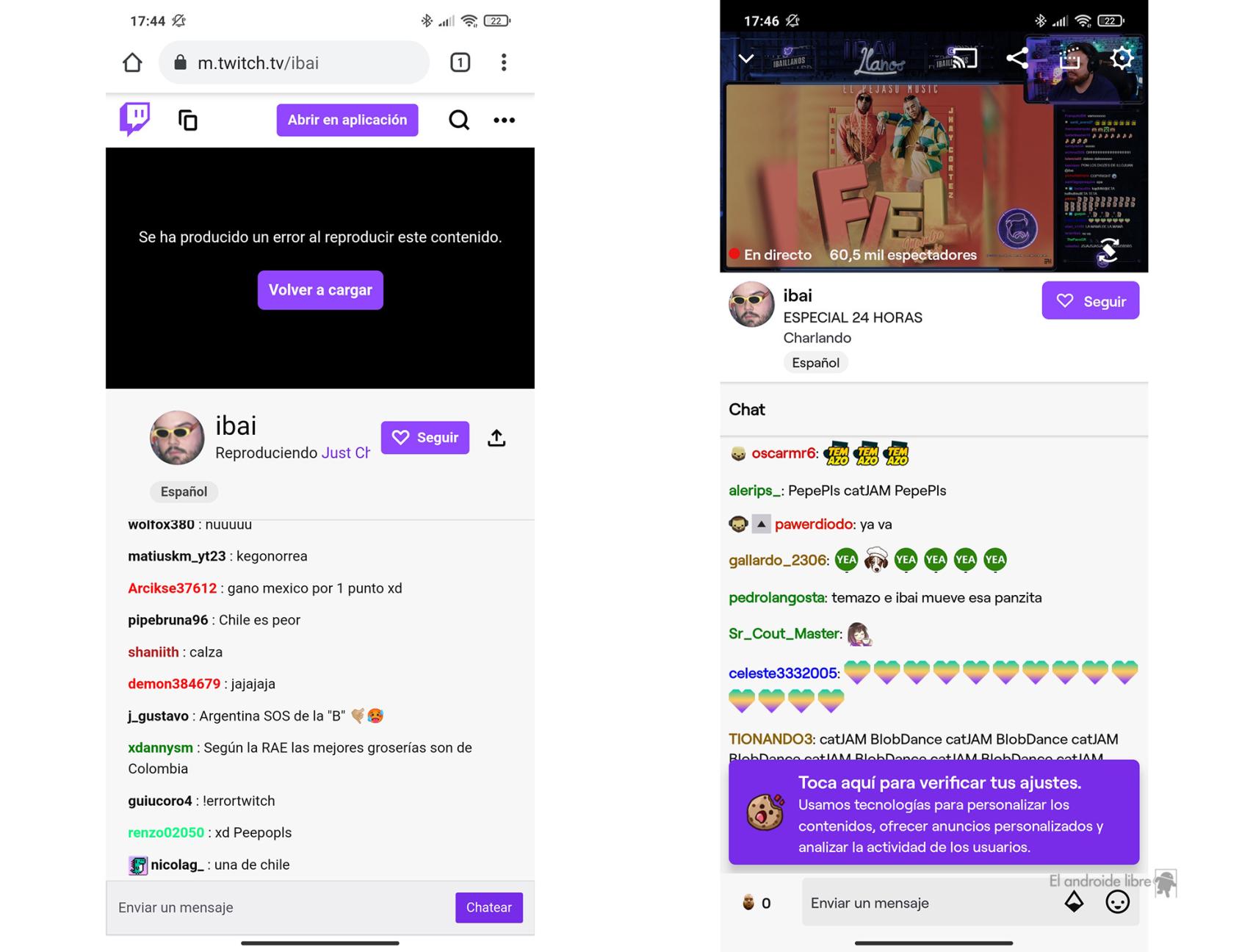 Izquierda: Twitch en un navegador web / Derecha: Twitch en la aplicación Android