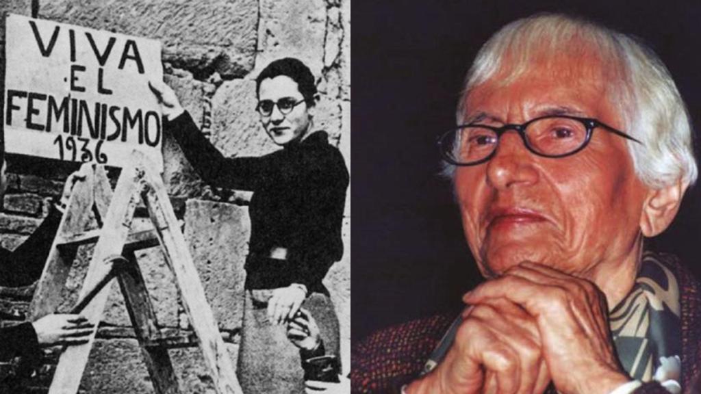 María Telo, junto a un cartel feminista y años después.