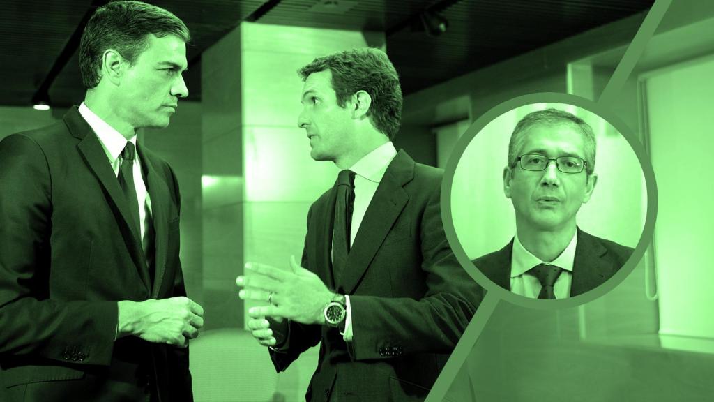 Pedro Sánchez, Pablo Casado y Pablo Hernández de Cos.