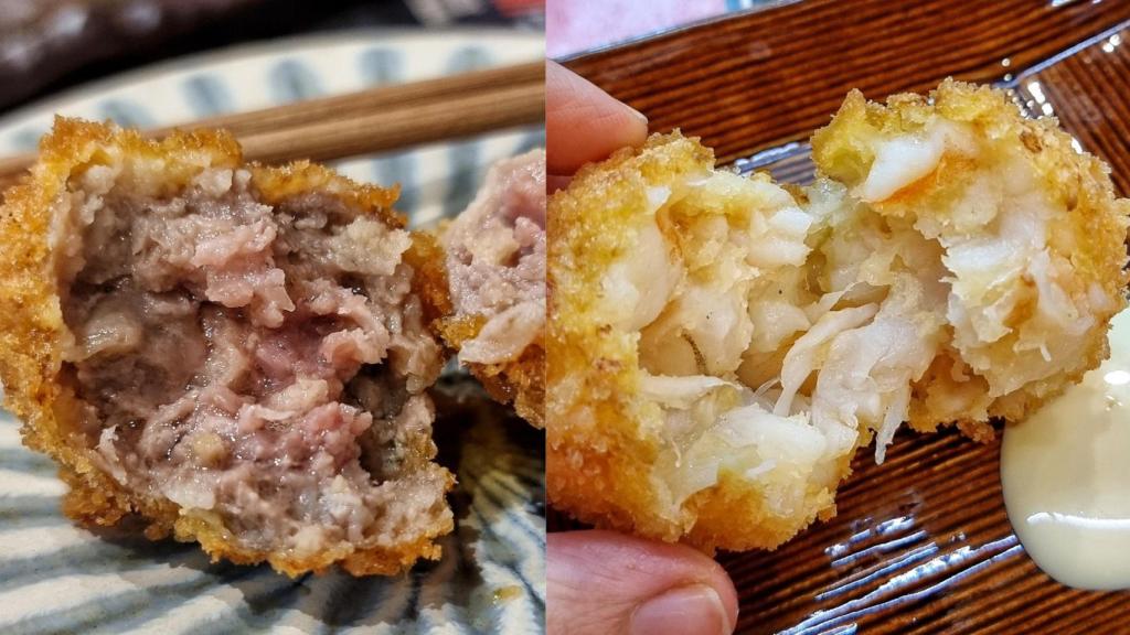 Croquetas de black angus (izq) y Croquetas de gamba (dcha)