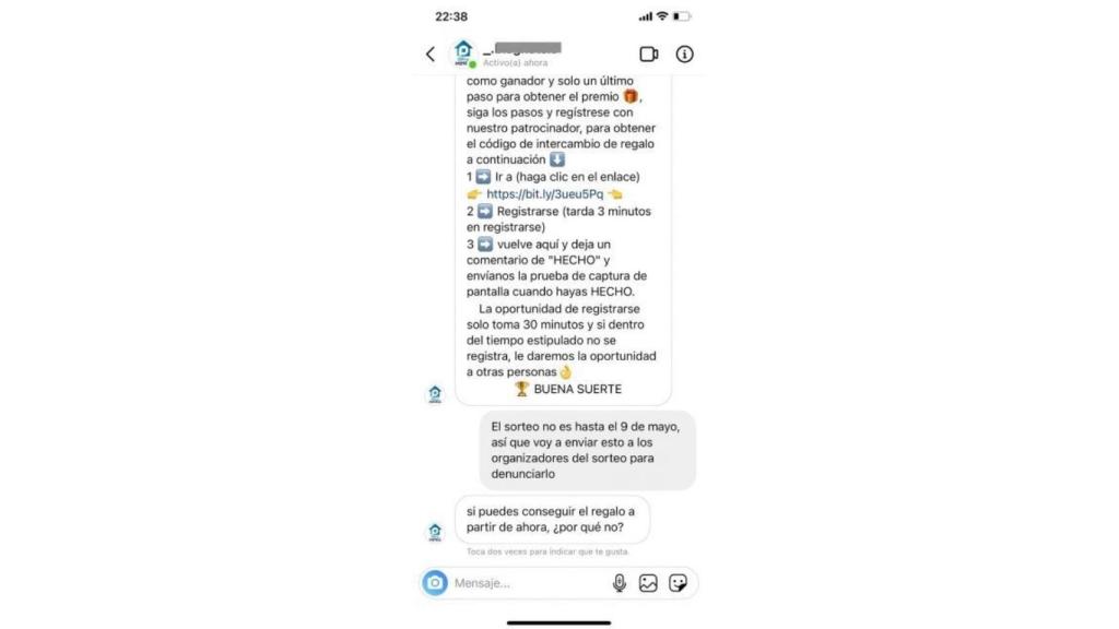 Ejemplo de un mensaje de estafa en Instagram.