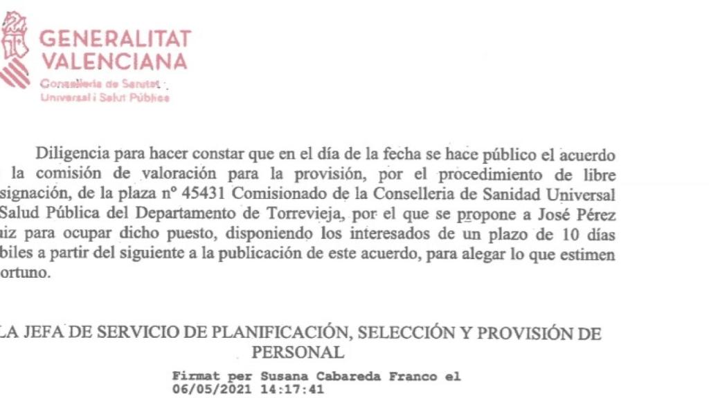 Propuesta de la Conselleria de Sanidad.