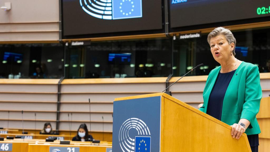 La comisaria de Interior, Ilva Johansson, durante su comparecencia este martes en la Eurocámara