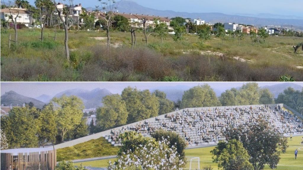 Antes y después (recreación) de la construcción del complejo deportivo
