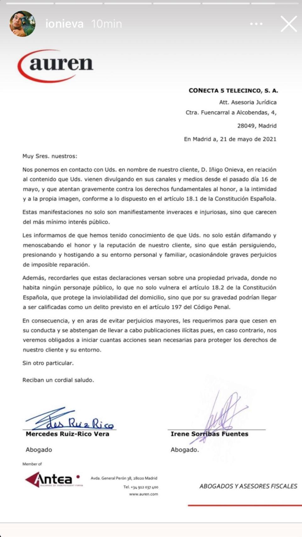 El comunicado que ha enviado Íñigo Onieva a través de sus abogados.