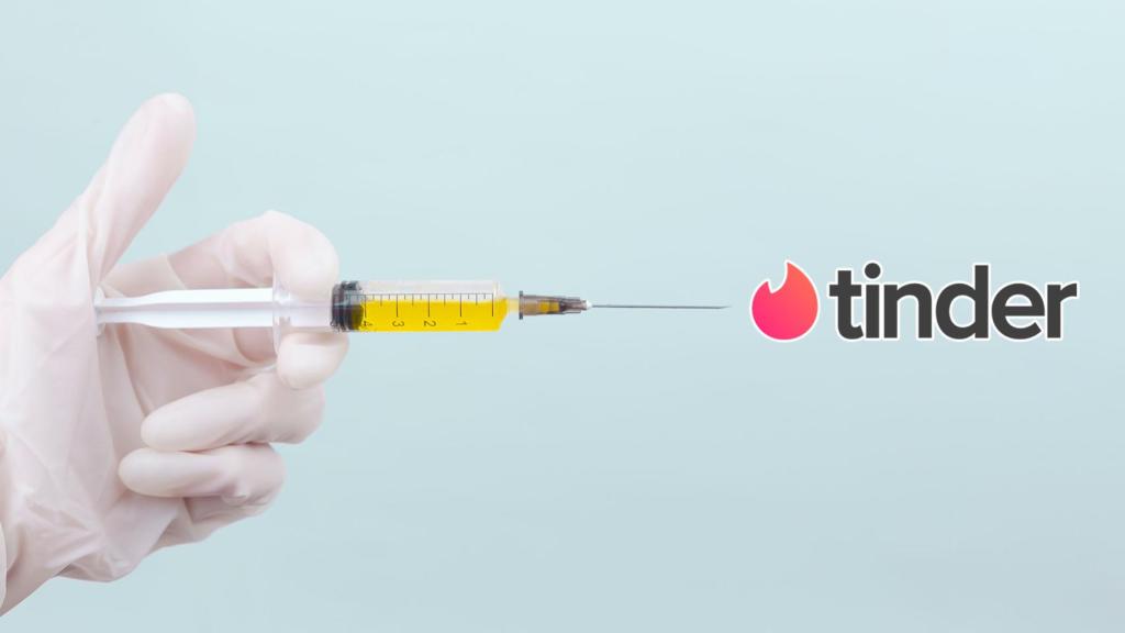 Fotomontaje de una vacuna con el logo de Tinder.