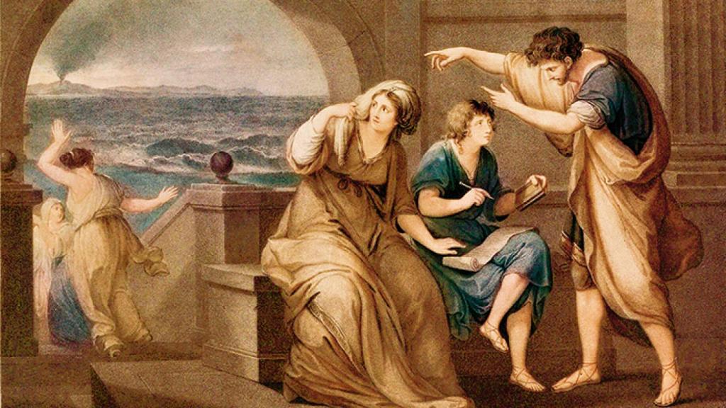 Detalle de 'Plinio el Joven y su madre en Miseno', grabado coloreado por Thomas Burke según la pintura de 1785 de  Angelica Kauffmann