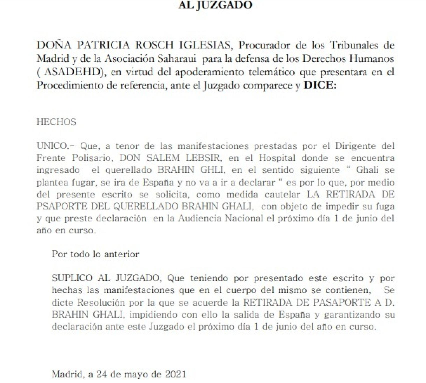 Escrito dirigido al juez Santiago Pedraz para que le retire el pasaporte a Brahim Ghali.
