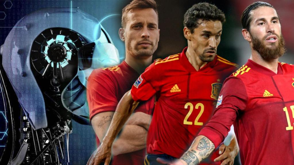 Sergio Canales, Jesús Navas y Sergio Ramos, en un fotomontaje con una imagen de inteligencia artificial