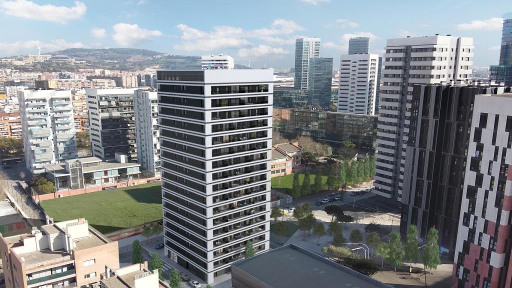 En el centro, el futuro edificio Cobo que AEDAS Homes promueve en régimen BtR para Grupo Lar y Primonial en L'Hospitalet de Llobregat.