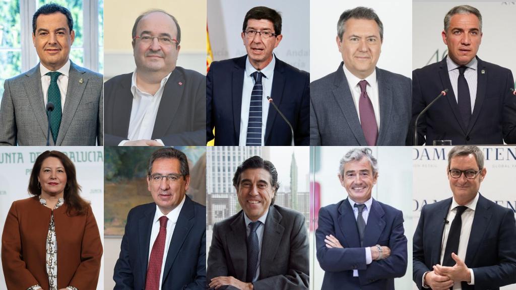 Juan Manuel Moreno Bonilla, presidente de la Junta de Andalucía; Miquel Iceta, ministro de Política Territorial y Función Pública; Juan Marín, vicepresidente de la Junta y consejero de Turismo; Juan Espadas, alcalde de Sevilla y actual candidato en las primarias del PSOE andaluz; Elías Bendodo, consejero de Presidencia y portavoz del Gobierno andaluz; Carmen Crespo, consejera de Agricultura; Antonio Pulido, presidente de la Fundación Cajasol; Manuel Manrique, presidente y CEO de Sacyr;  José María Pacheco, presidente de Konecta y Jaume Miquel, presidente y consejero delegado de Tendam.
