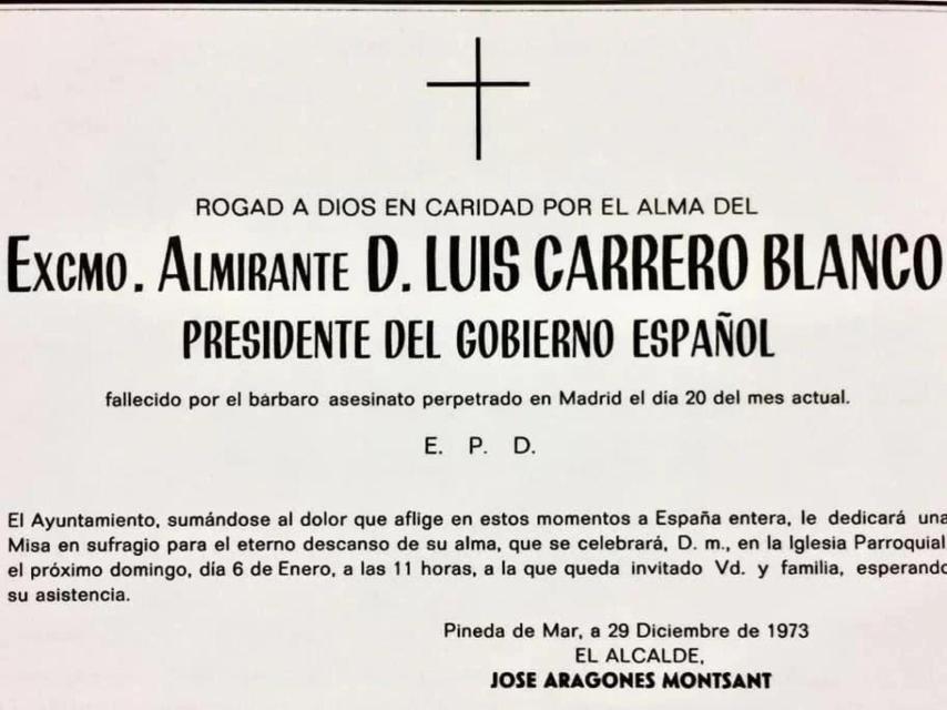 Esquela de Carrero Blanco firmada por el abuelo de Pere Aragonès.