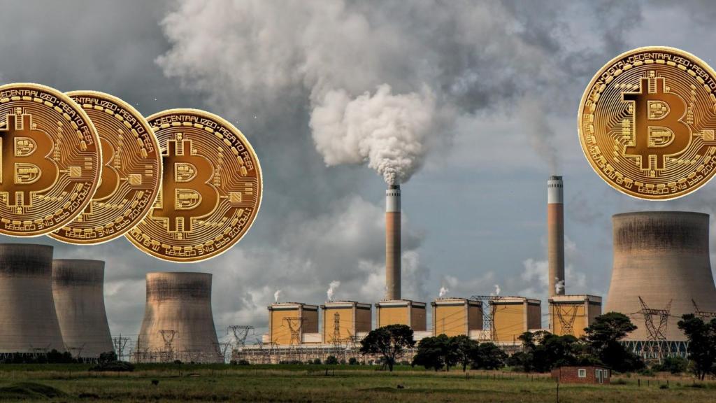 Un montaje con una estación de generación eléctrica contaminante y monedas de bitcoin.