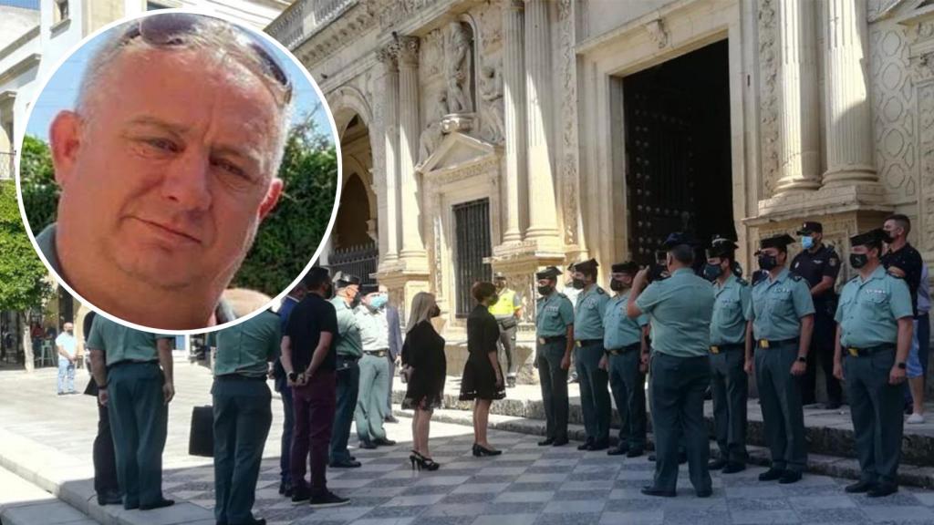 Agustín, el guardia civil atropellado, en un fotomontaje durante su capilla ardiente a la que acude María Gámez.