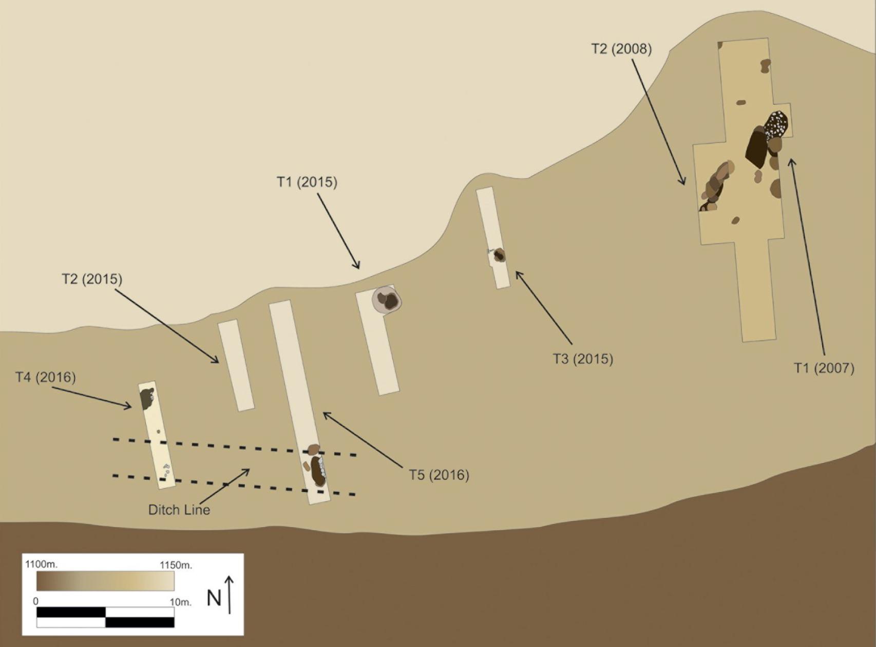 Plano de las excavaciones en la necrópolis y las zanjas abiertas en cada campaña.