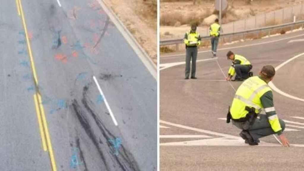 Las huellas de frenada y de derrape del vehículo.