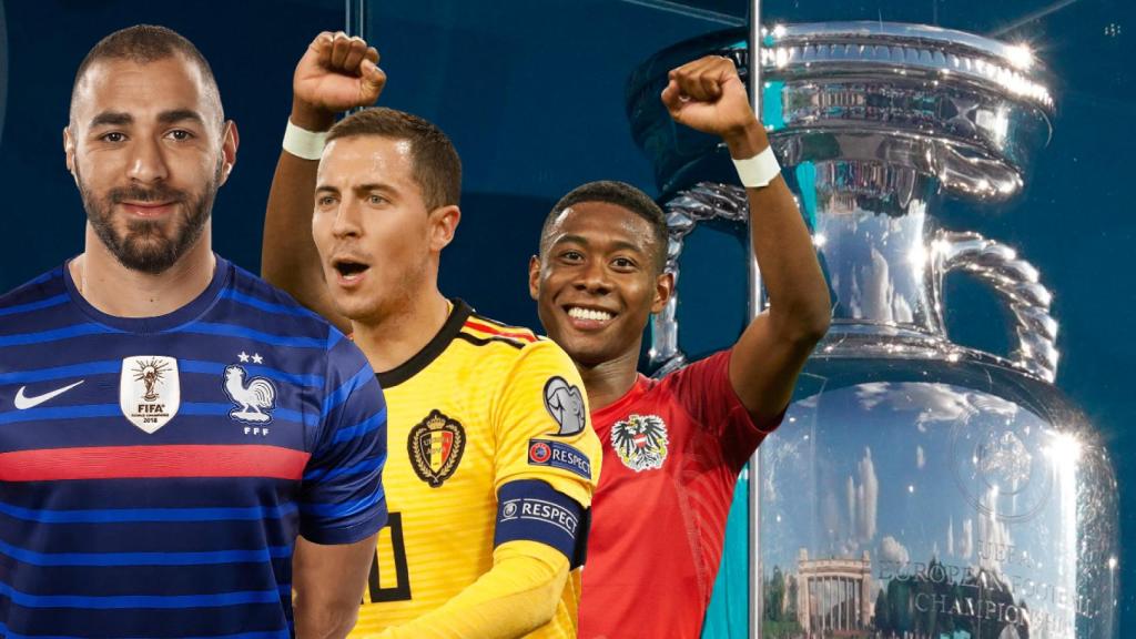 Karim Benzema, Eden Hazard y David Alaba, en un fotomontaje con el trofeo de la Eurocopa