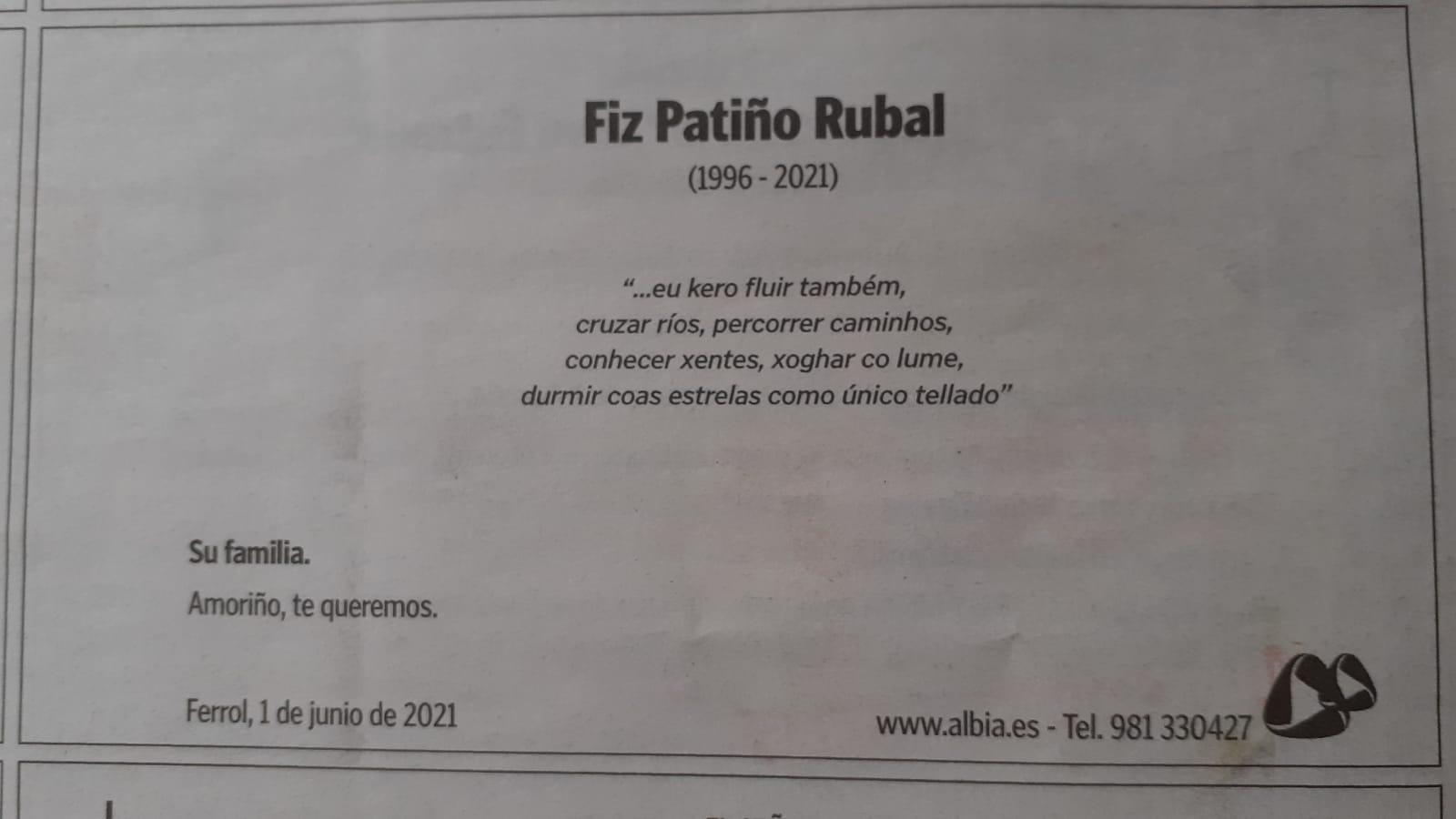 Esquela de Fiz Patiño Rubal.