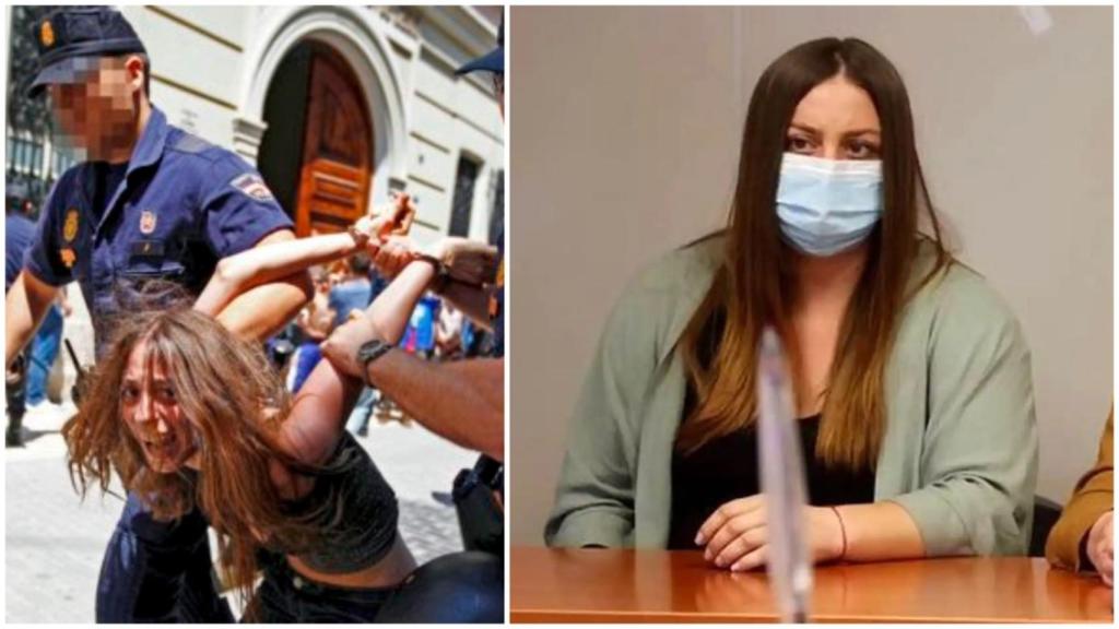 María, en su detención hace diez años durante el 15-M y ante el juzgado por el asesinato de sus hijos.