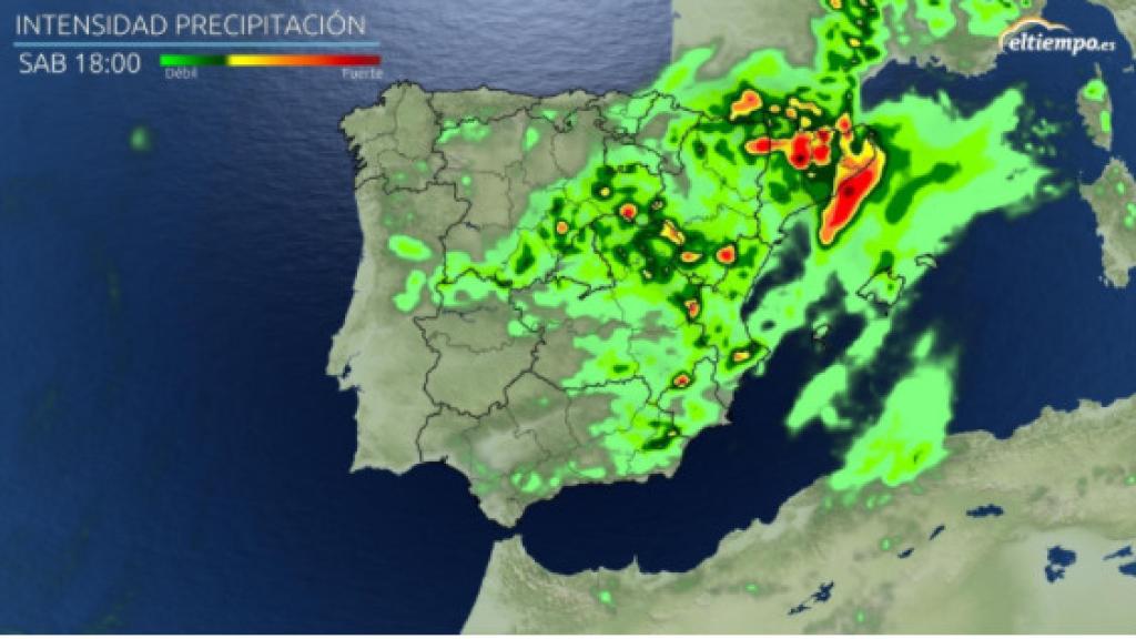 Intensidad de precipitación prevista durante la tarde del sábado. ElTiempo.es