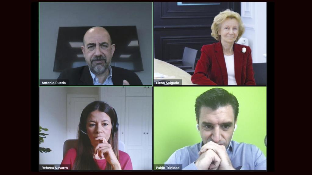 Antonio Rueda, director de la Fundación VASS; Elena Salgado, presidenta de la Asociación Española de Consultoría (AEC); Rebeca Navarro, directora de talento de Vodafone; y  Pablo Trinidad, coatuor del informe y profesor titular de la Universidad de Sevilla, durante la presentación online del estudio.