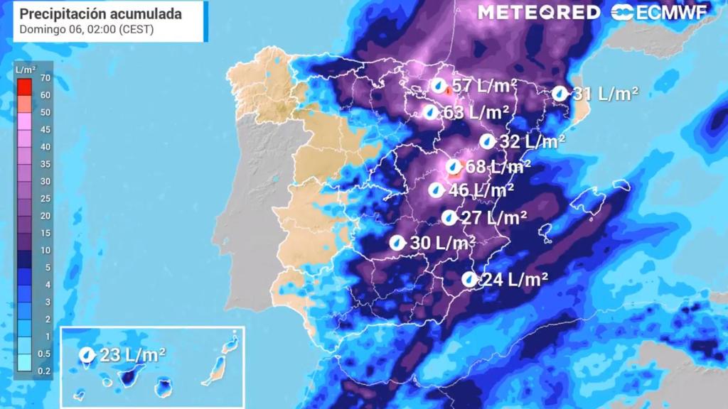Acumulación de precipitaciones prevista para el sábado 5. Meteored.
