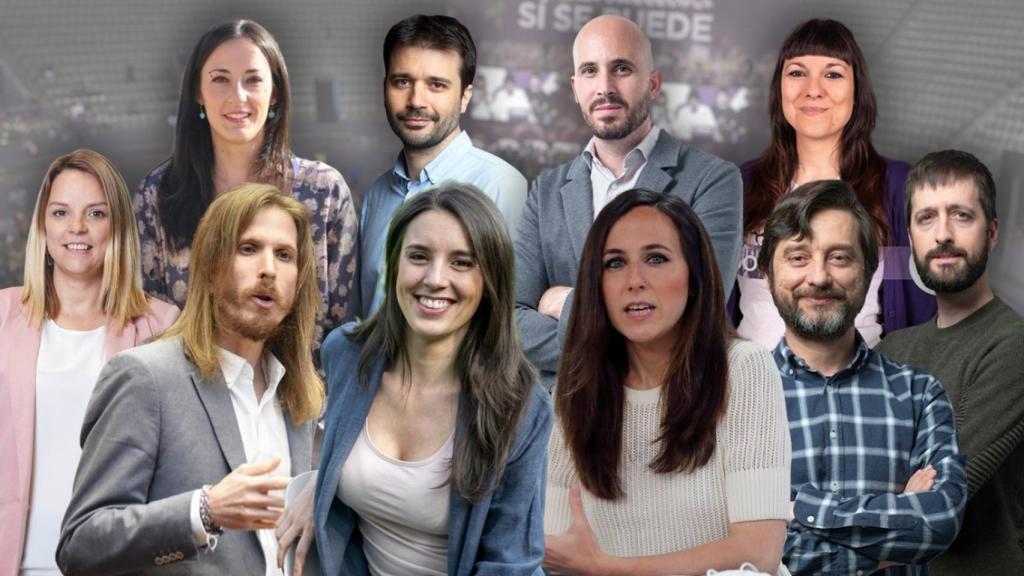 De izquierda a derecha en la fila superior: Isabel Franco, Javier Sánchez, Nacho Álvarez y Ana Domínguez. En la inferior: Noemí Santana, Pablo Fernández, Irene Montero, Ione Belarra, Rafa Mayoral y Juanma del Olmo.