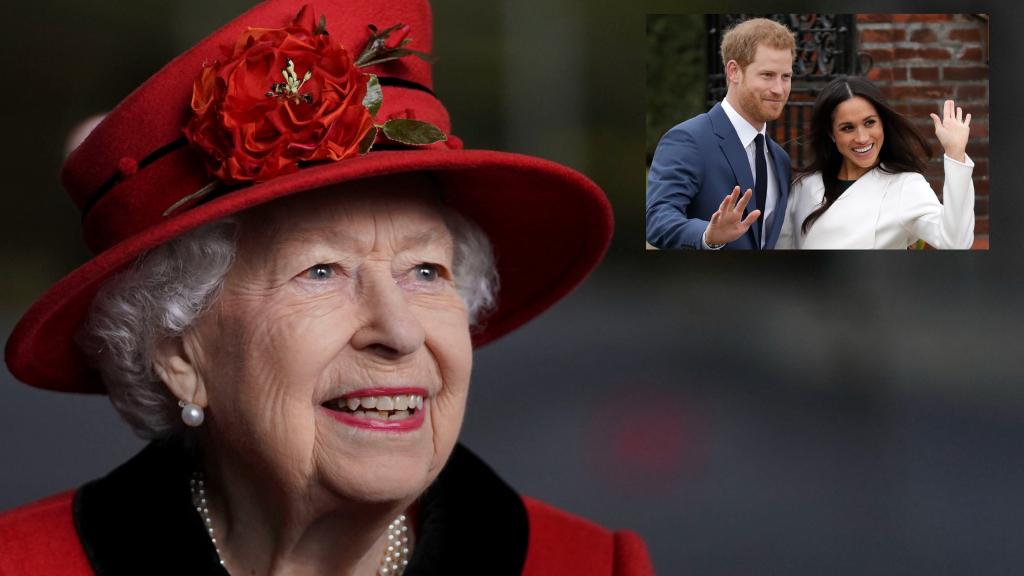 La reina Isabel II en montaje de JALEOS junto a Harry y Meghan Markle.