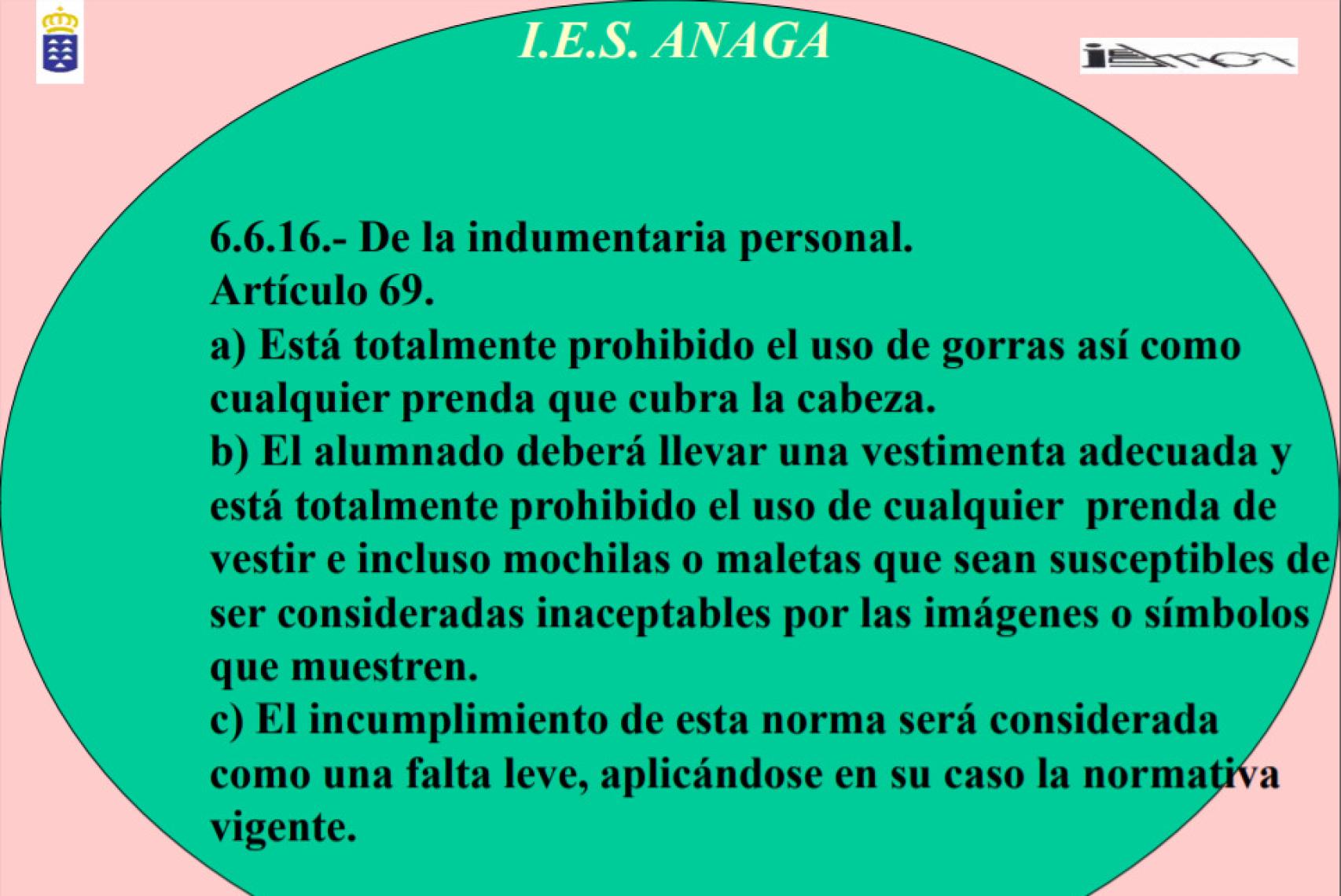 Artículo 69 de la normativa del IES Anaga, antes de ser modificada.