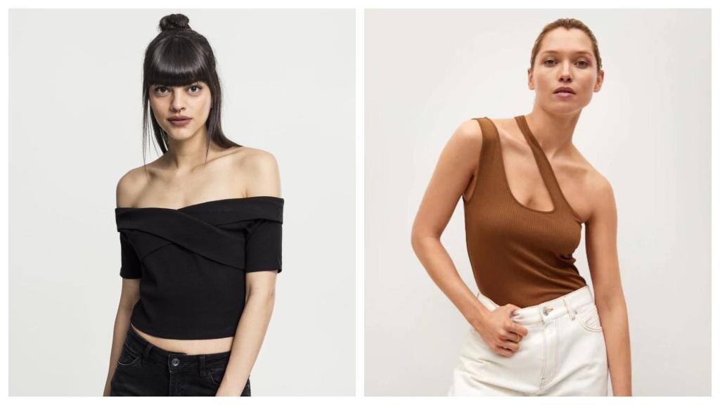 A la izquieda, propuesta con escote 'bardot' de Zalando, a la derecha un 'top' con escote asimétrico de Mango.