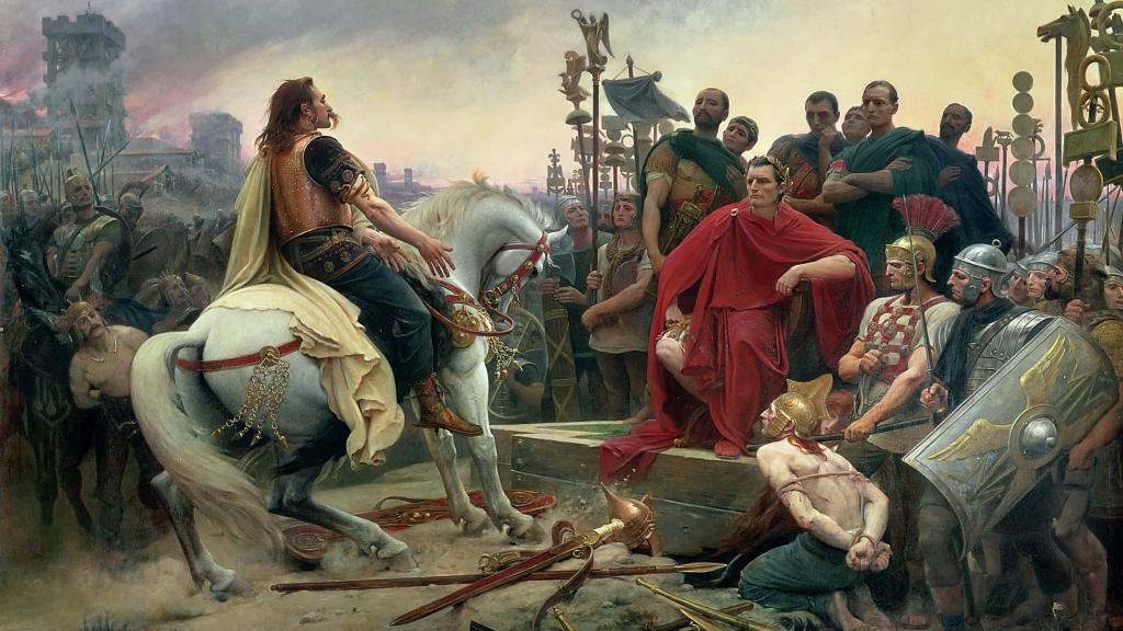 Vercingétorix arroja sus armas ante Julio César, según el pintor Lionel-Noël Royer.