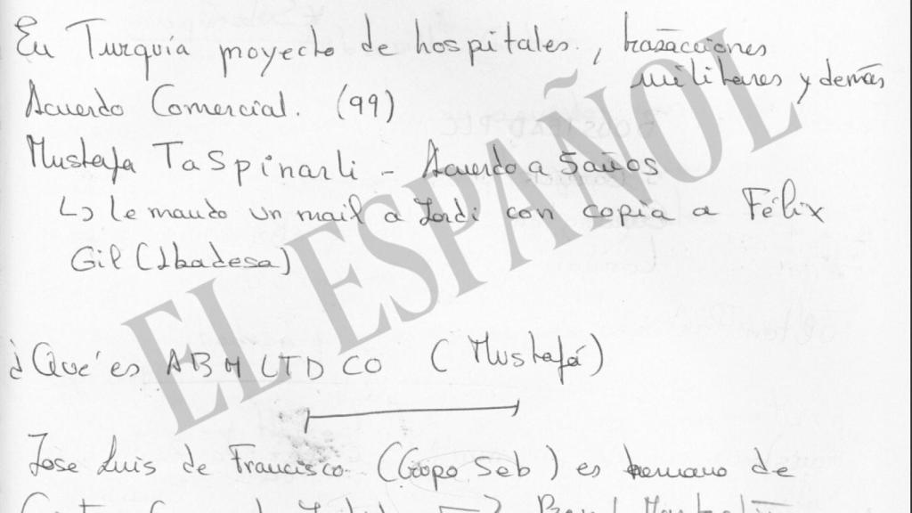 Anotación de Villarejo sobre los negocios de Jordi Pujol Ferrusola en Turquía con Ibadesa, la sociedad del sobrino de Cospedal.