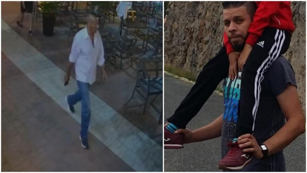 Carlos, empuñando una pistola, junto a una foto del difunto Younes con su hijo.