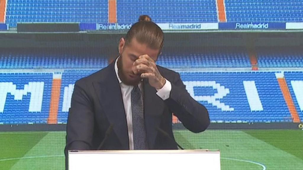 Sergio Ramos, emocionado durante su acto de despedida del Real Madrid