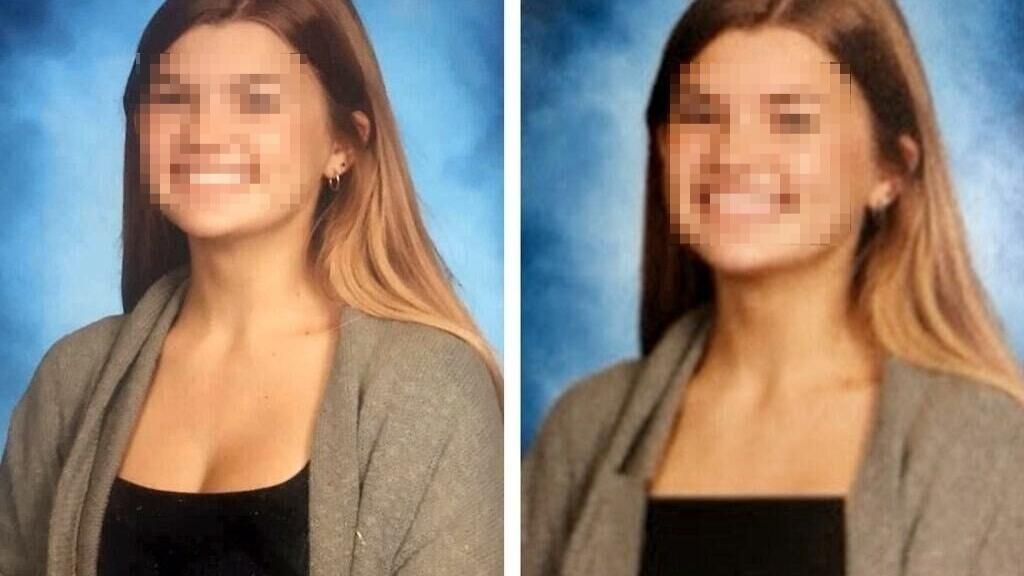 A la izquierda, la imagen original de Riley O'Keefe para el anuario. A la derecha, la versión en la que le tapan el escote.