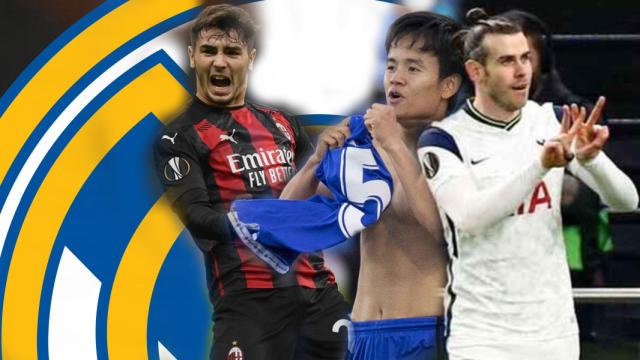 Brahim Díaz, Takefusa Kubo y Gareth Bale, en un fotomontaje con el escudo del Real Madrid