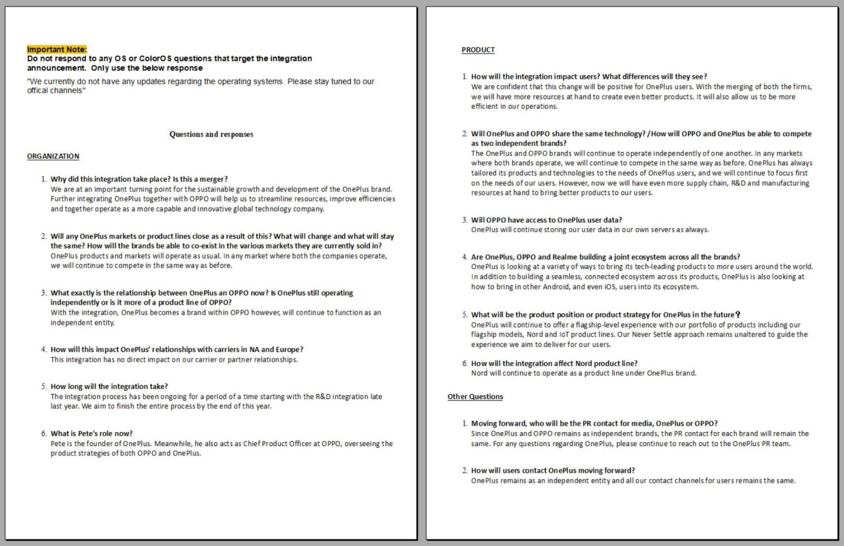 Documento de OPPO y OnePlus