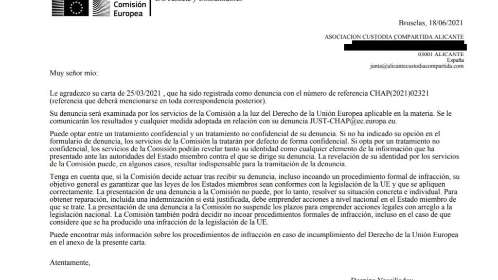 Extracto de la respuesta de la Comisión Europea.