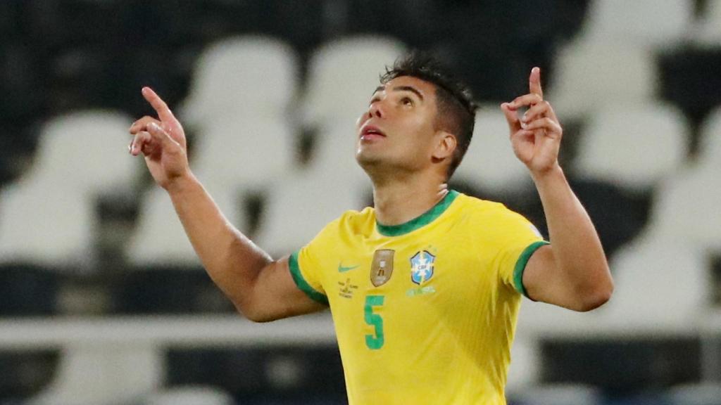 Casemiro celebra su gol con Brasil ante Colombia en la Copa América