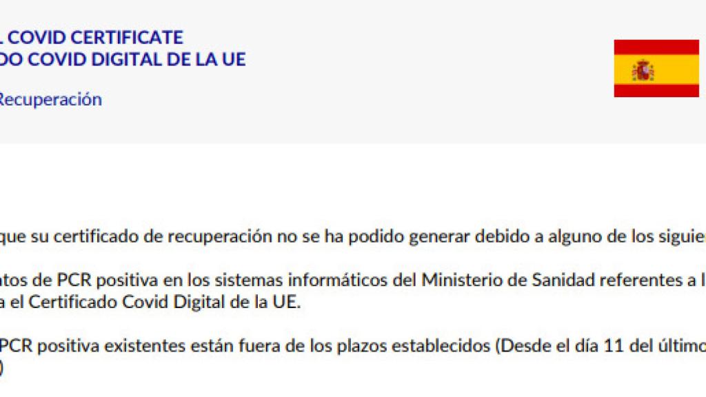 Mensaje que aparece cuando se intenta solicitar un pasaporte Covid-19 con un test de antígenos positivo.
