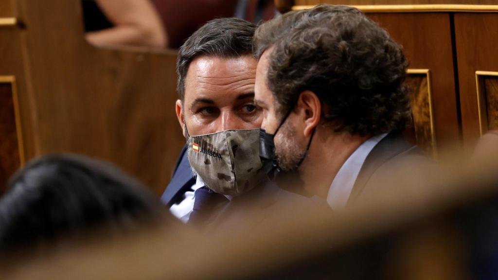Abascal, en su escaño, junto al portavoz de Vox, Iván Espinosa de los Monteros.