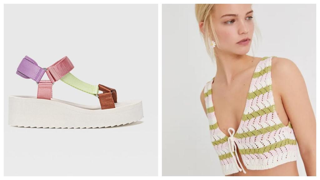 Sandalia, de Stradivarius, a la izquierda, chaleco de Pull&Bear a la derecha.
