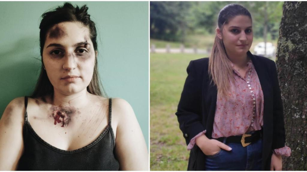 A la izquierda, Noelia maquillada para reclamar más protección. A la derecha, una foto actual de ella.